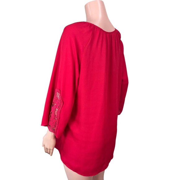 Tacera Womens SZ 1X Red Chiffon Blouse -Lace 3/4 Sleeve-Bow Tie -Round Neck - Picture 12 of 14